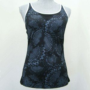 Danskin Activewear Black Flower Print Built In Bra Top Yoga Cycling Exercise